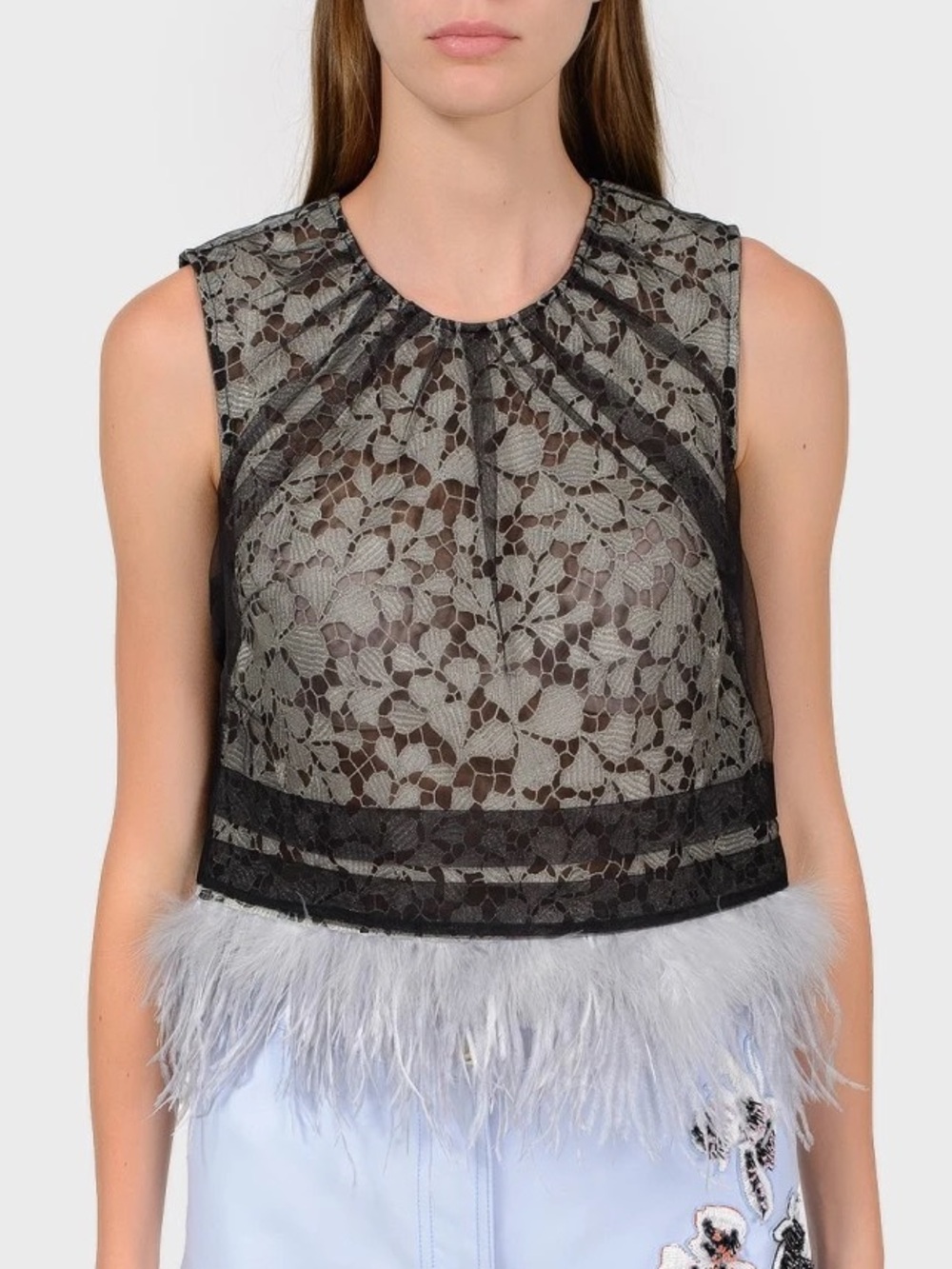 Self Portrait Black & Gray Lace Feather Trim Sleeveless Blouse Top Size 2